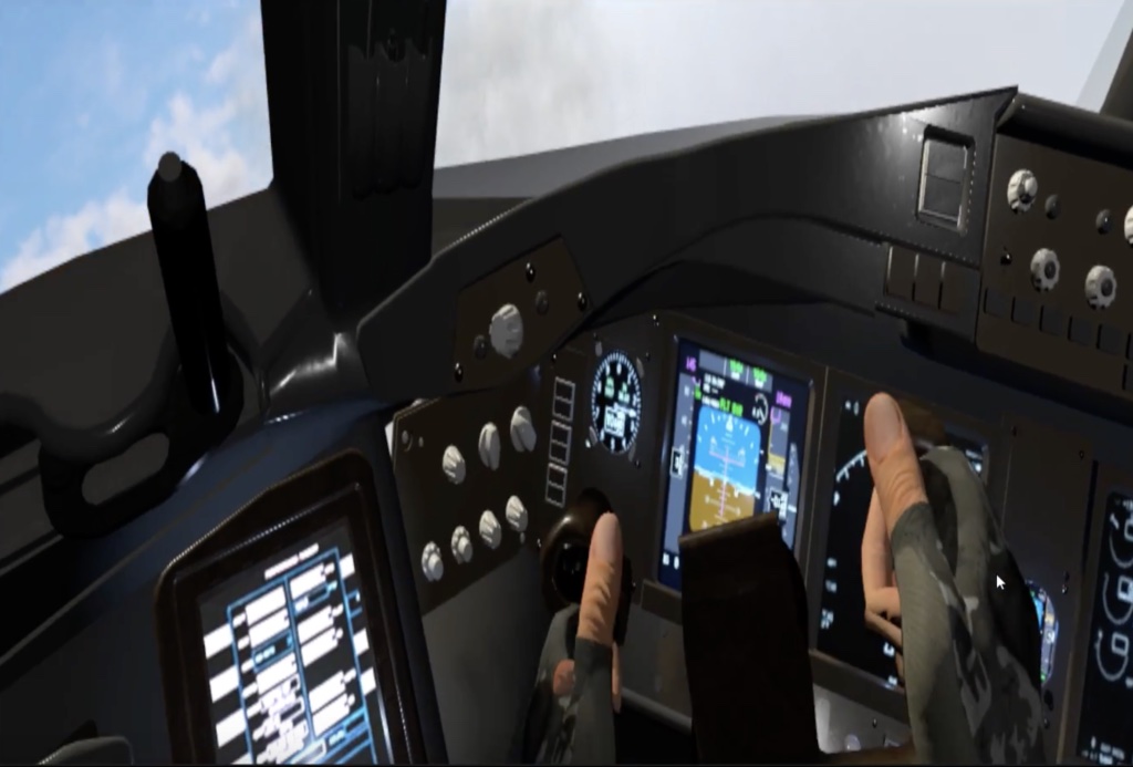 VR cockpit training simulator: pilot's hands on a functional yoke inside a virtual cockpit