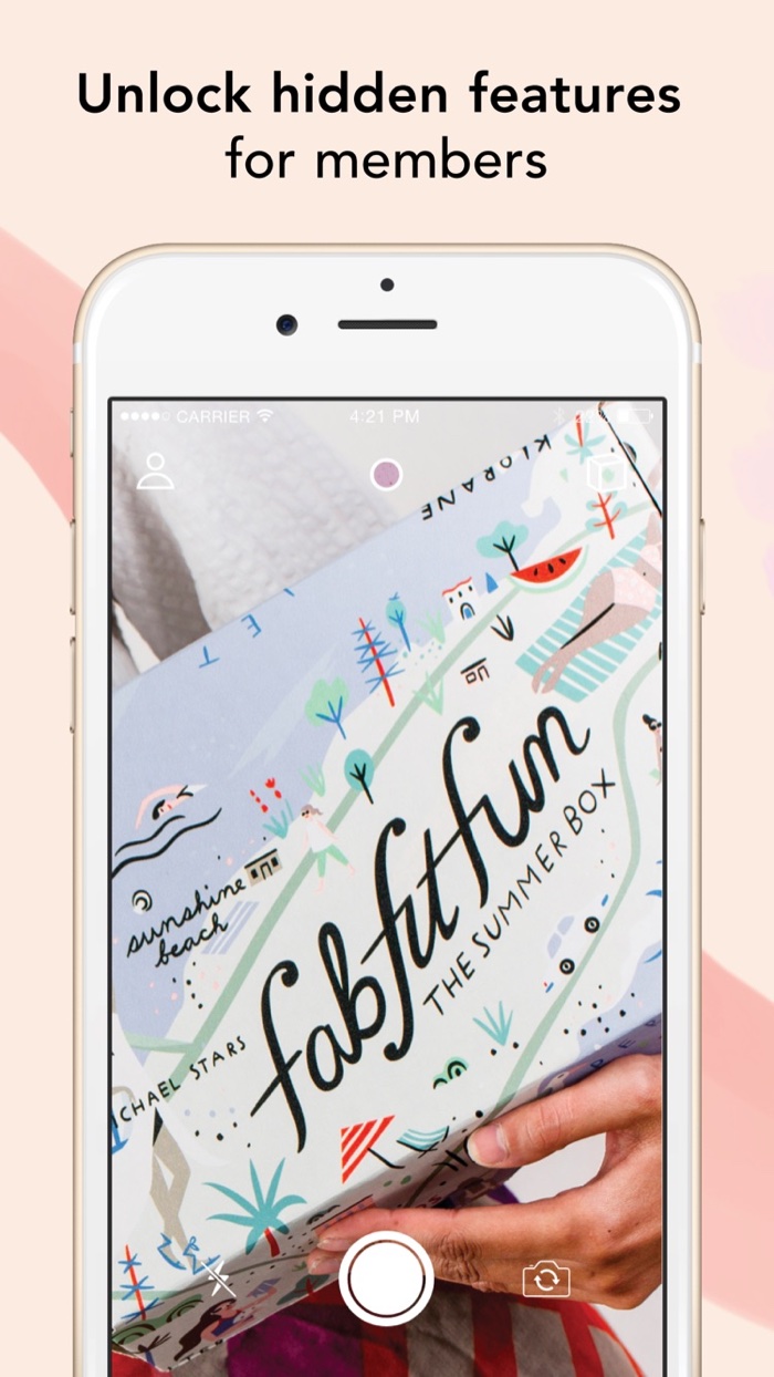 FabFitFun app launch screenshot: the camera interface pointed at a FabFitFun box, headlined Unlock hidden features for members