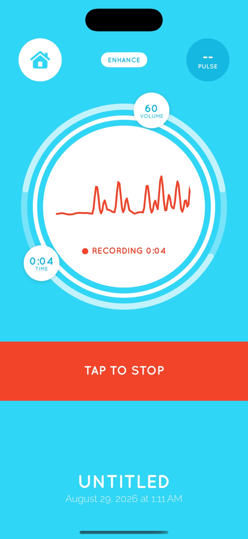 Flutter Baby Heartbeat Monitor recording screen: a live heartbeat waveform inside a circular dial, with volume and pulse readouts, a recording timer, and a tap-to-stop bar