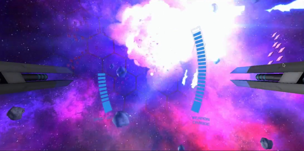 Galaxy Grapple gameplay: twin grappling launchers aimed into a purple nebula full of asteroids