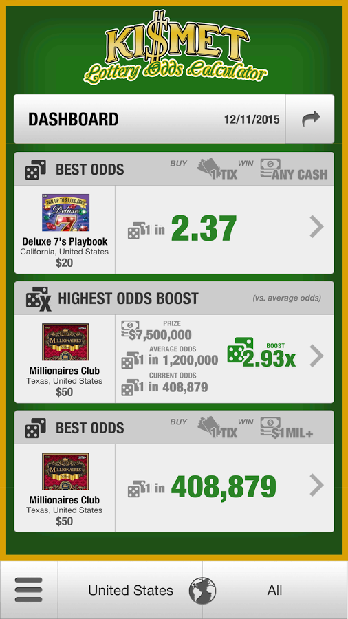 Kismet app dashboard showing live scratcher lottery odds