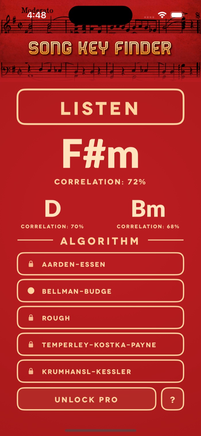 Song Key Finder result screen showing F sharp minor at 72 percent correlation, with a choice of key-detection algorithms