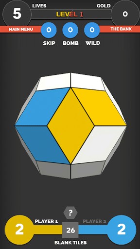 Triaconta: a thirty-sided polyhedron puzzle board with blue and yellow claimed tiles